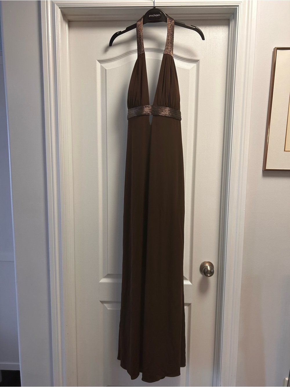 JS Collections Brown Maxi Halter Dress with Metallic Trim